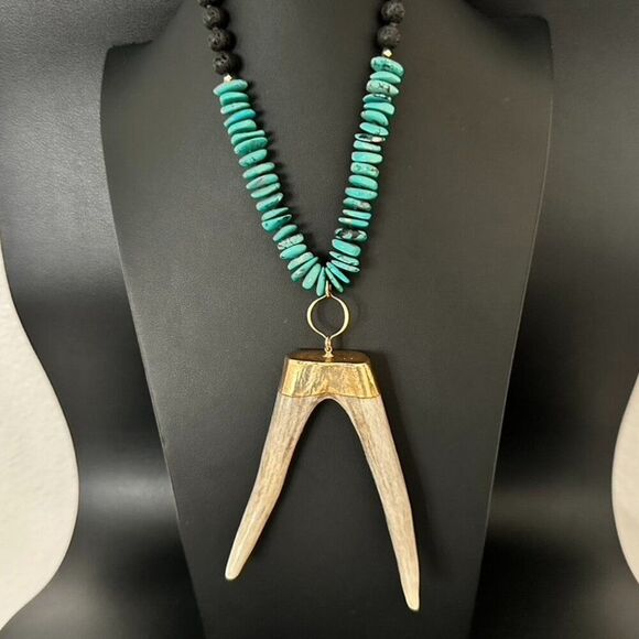 Turquoise Stone & Black Lava Bead Antler Statement Pendant Necklace - Picture 2 of 7